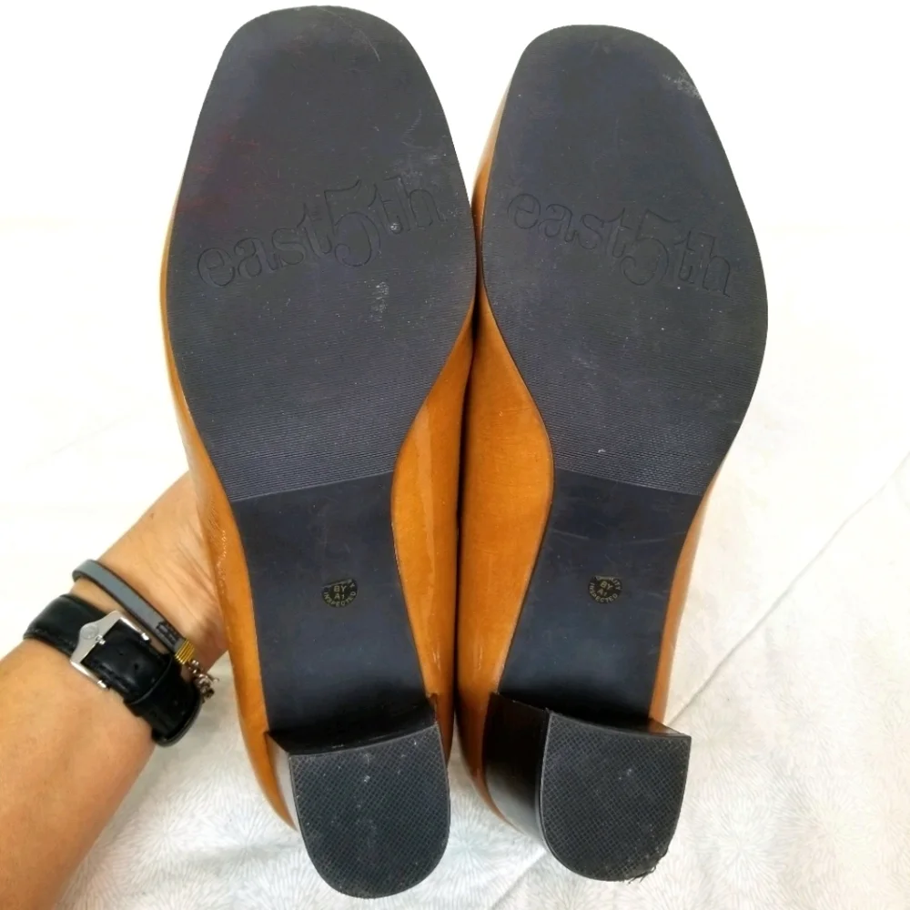 East 5th Ave deep yellow faux patent leather loafers block heel grandma chic 7